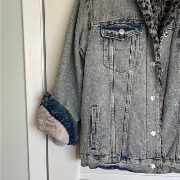 We The Free Gray Denim Jacket with Animal Print Collar - Picture 3 of 5